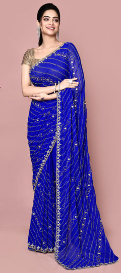 Bridal, Wedding Blue color Saree in Georgette fabric with Classic Bugle Beads, Cut Dana, Stone work : 1962416