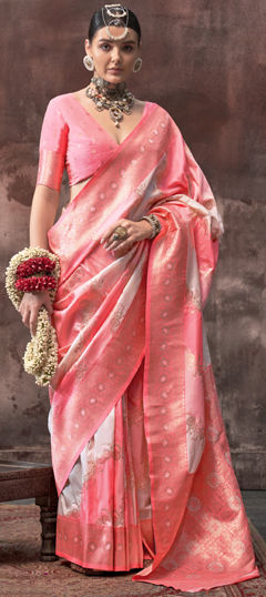 Beige and Brown, Pink and Majenta color Saree in Silk fabric with Weaving, Zari work