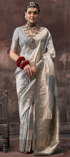 Black and Grey color Saree in Silk fabric with Weaving, Zari work