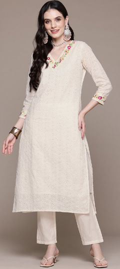 White and Off White color Salwar Kameez in Cotton fabric with Embroidered, Resham, Thread work