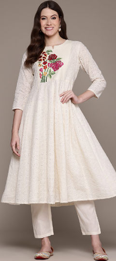 White and Off White color Salwar Kameez in Cotton fabric with Embroidered, Resham, Thread work