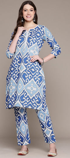 Blue color Salwar Kameez in Cotton fabric with Lace, Printed work