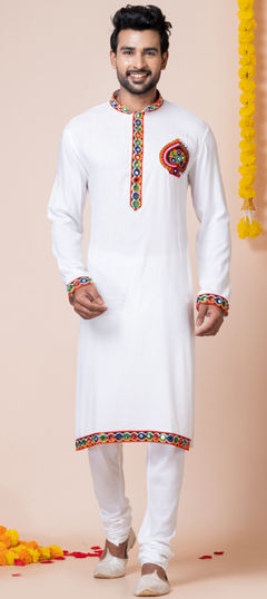 White and Off White color Kurta Pyjamas in Rayon fabric with Embroidered, Lace, Mirror, Patch, Thread work