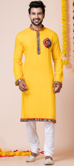 Yellow color Kurta Pyjamas in Rayon fabric with Embroidered, Lace, Mirror, Patch, Resham, Thread work