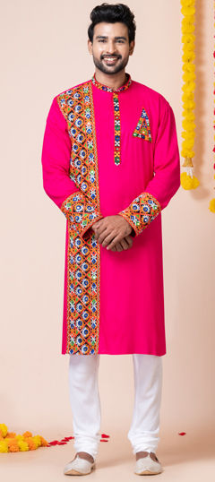 Pink and Majenta color Kurta Pyjamas in Rayon fabric with Embroidered, Lace, Mirror, Patch, Resham, Thread work