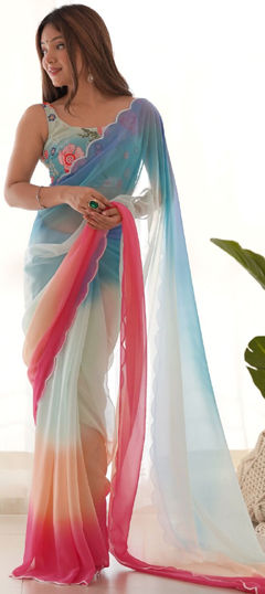 Multicolor color Saree in Faux Georgette fabric with Ombre, Thread work