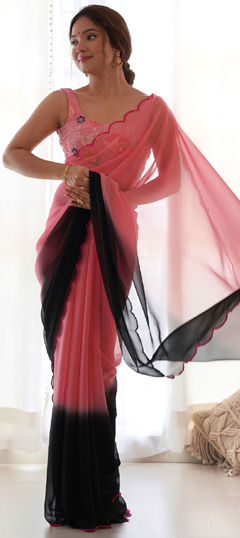 Black and Grey, Pink and Majenta color Saree in Faux Georgette fabric with Thread work