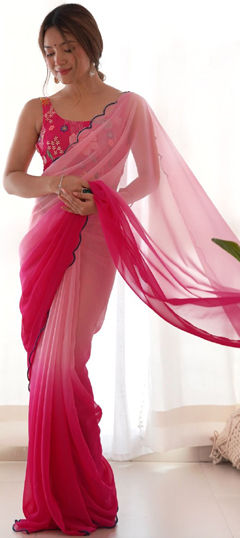 Festive, Party Wear, Reception Pink and Majenta color Saree in Faux Georgette fabric with Classic Thread work : 1962619