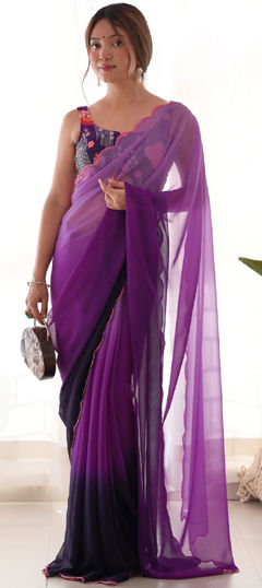 Festive, Party Wear, Reception Purple and Violet color Saree in Faux Georgette fabric with Classic Thread work : 1962620