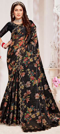 Black and Grey color Saree in Organza Silk fabric with Floral, Printed, Zircon work