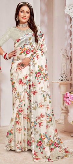 White and Off White color Saree in Organza Silk fabric with Floral, Printed, Zircon work