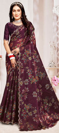 Purple and Violet color Saree in Organza Silk fabric with Floral, Printed, Zircon work