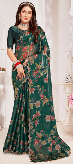 Green color Saree in Organza Silk fabric with Floral, Printed, Zircon work