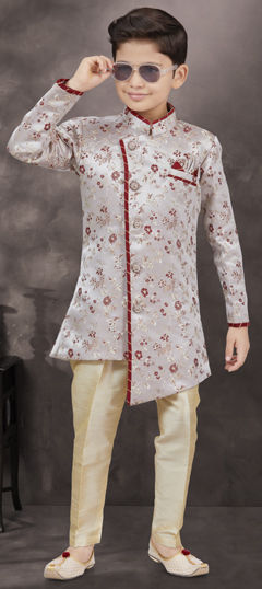 Party Wear Black and Grey, Red and Maroon color Boys Indo-Western in Banarasi Silk, Jacquard fabric with Thread, Weaving work : 1962636