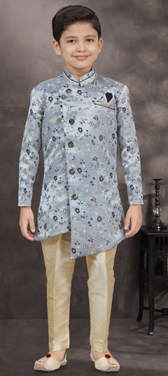 Party Wear Black and Grey, Blue color Boys Indo-Western in Banarasi Silk, Jacquard fabric with Thread, Weaving work : 1962637