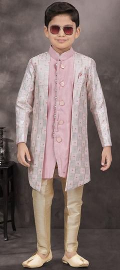 Party Wear Pink and Majenta color Boys Indo-Western in Silk fabric with Sequence, Thread work : 1962638