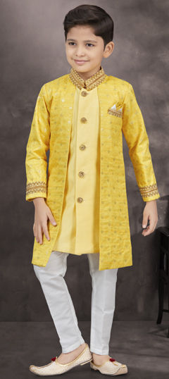 Party Wear Yellow color Boys Indo-Western in Banarasi Silk, Silk fabric with Lace, Sequence, Thread work : 1962639