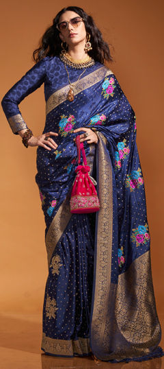 Blue color Saree in Satin Silk, Silk fabric with Weaving, Zari work