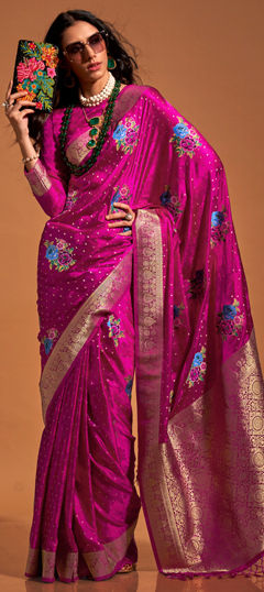 Pink and Majenta color Saree in Satin Silk, Silk fabric with Weaving, Zari work