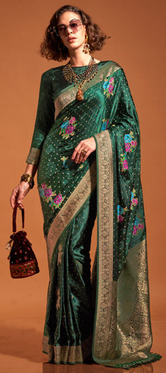 Green color Saree in Satin Silk, Silk fabric with Weaving, Zari work