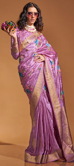 Pink and Majenta color Saree in Satin Silk, Silk fabric with Weaving, Zari work