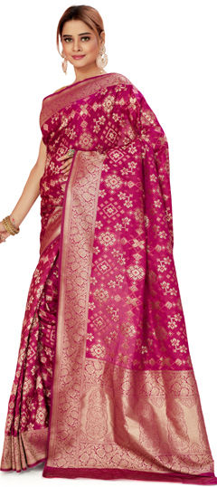 Bridal, Wedding Pink and Majenta color Saree in Satin Silk fabric with South Weaving, Zari work : 1962693