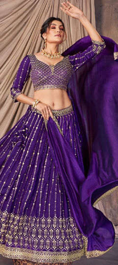 Bridal, Wedding Blue color Lehenga in Silk fabric with Flared Embroidered, Thread work : 1962712