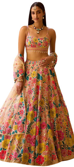 Beige and Brown color Lehenga in Georgette fabric with Embroidered, Sequence, Thread work