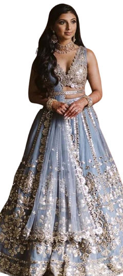 Bridal, Wedding Black and Grey color Lehenga in Net fabric with Flared Embroidered, Mirror work : 1962714