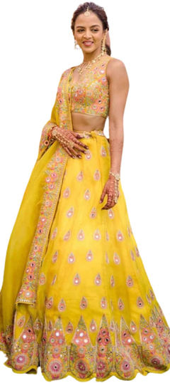 Bridal, Wedding Yellow color Lehenga in Faux Georgette fabric with Flared Embroidered, Mirror work : 1962715