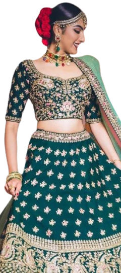 Bridal, Wedding Green color Lehenga in Satin Silk fabric with Flared Embroidered, Sequence, Thread, Zari work : 1962716