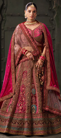 Bridal, Wedding Pink and Majenta color Lehenga in Velvet fabric with Flared Embroidered, Resham, Sequence, Stone, Thread, Zari work : 1962729