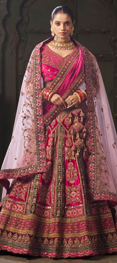 Bridal, Wedding Pink and Majenta color Lehenga in Velvet fabric with Flared Embroidered, Resham, Sequence, Stone, Thread, Zari work : 1962730