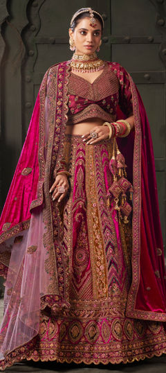 Bridal, Wedding Pink and Majenta color Lehenga in Velvet fabric with Flared Embroidered, Resham, Sequence, Stone, Thread, Zari work : 1962731