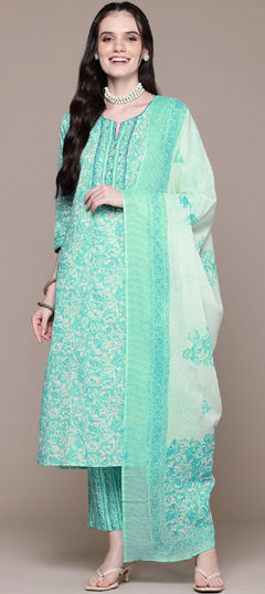 Green color Salwar Kameez in Cotton fabric with Cut Dana, Floral, Printed, Sequence work