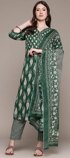 Festive, Reception, Summer Green color Salwar Kameez in Cotton fabric with Straight Floral, Printed, Sequence work : 1962734