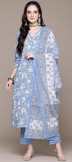 Festive, Reception, Summer Blue color Salwar Kameez in Cotton fabric with Straight Floral, Lace, Printed, Sequence work : 1962735