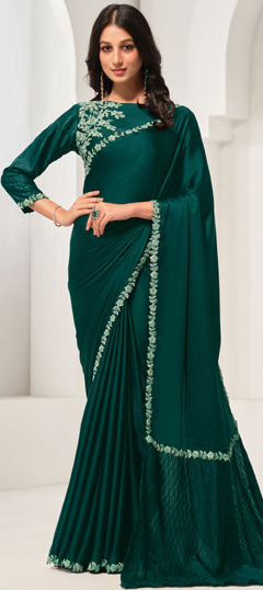 Green color Saree in Satin Silk fabric with Sequence, Zardozi work