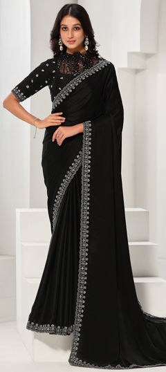 Black and Grey color Saree in Satin Silk fabric with Sequence, Thread work
