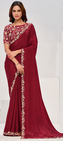 Red and Maroon color Saree in Georgette fabric with Moti, Sequence, Thread work
