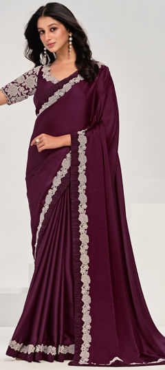 Purple and Violet color Saree in Satin Silk fabric with Moti, Thread, Zari work