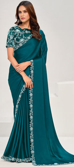Blue color Saree in Satin Silk fabric with Appliques, Moti, Sequence, Zari work