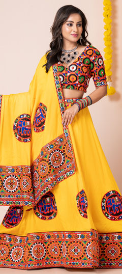 Festive, Navratri, Reception Yellow color Lehenga in Rayon fabric with Flared Border, Embroidered, Mirror, Patch work : 1962808