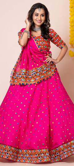 Festive, Navratri, Reception Pink and Majenta color Lehenga in Rayon fabric with Flared Border, Embroidered, Mirror, Patch work : 1962809