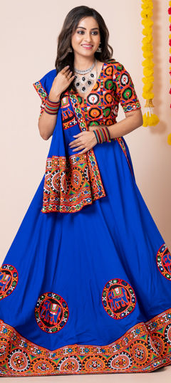 Festive, Navratri, Reception Blue color Lehenga in Rayon fabric with Flared Border, Embroidered, Mirror, Patch work : 1962810