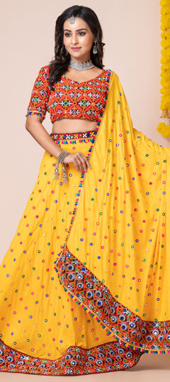 Yellow color Lehenga in Rayon fabric with Border, Embroidered, Mirror, Patch work