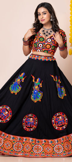 Black and Grey color Lehenga in Rayon fabric with Border, Embroidered, Mirror, Patch work