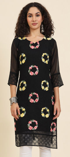 Black and Grey color Kurti in Georgette fabric with Embroidered, Resham, Thread work
