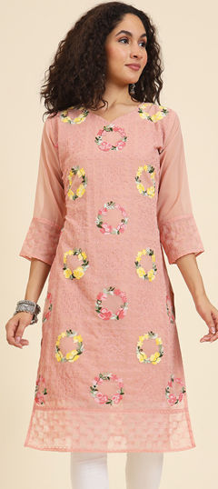 Pink and Majenta color Kurti in Georgette fabric with Embroidered, Resham, Thread work