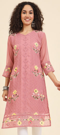 Pink and Majenta color Kurti in Georgette fabric with Embroidered, Resham, Thread work